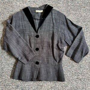 Vintage 50’s Crosshatch Fabric Jacket  with Black Velvet Trim and Buttons